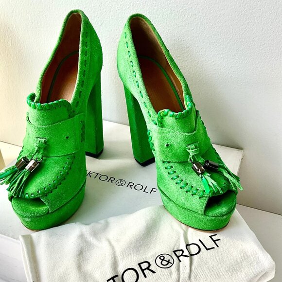 Viktor & Rolf Green Suede Platform Tassel Heels Size EU 39.5- Italy - Picture 2 of 12